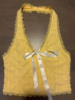 Yellow Lace-Trim Halter Bralette with Ribbon Tie